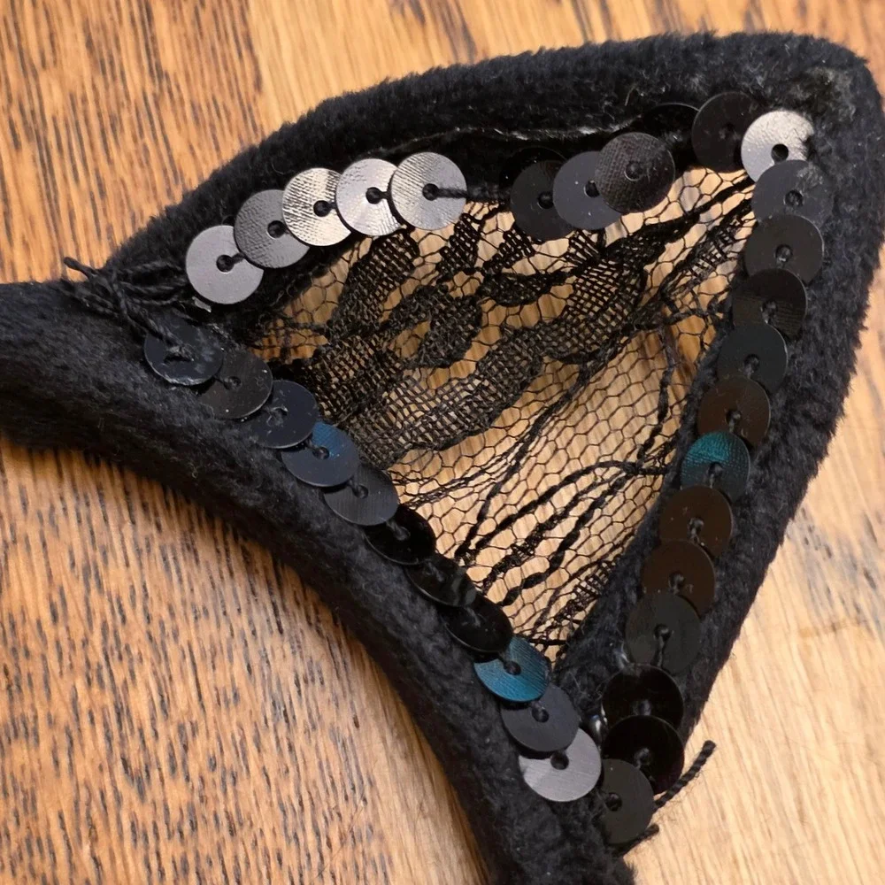 Black Lace Sequin Cat Ear Headband Costume Accessory Adult One Size Kitten